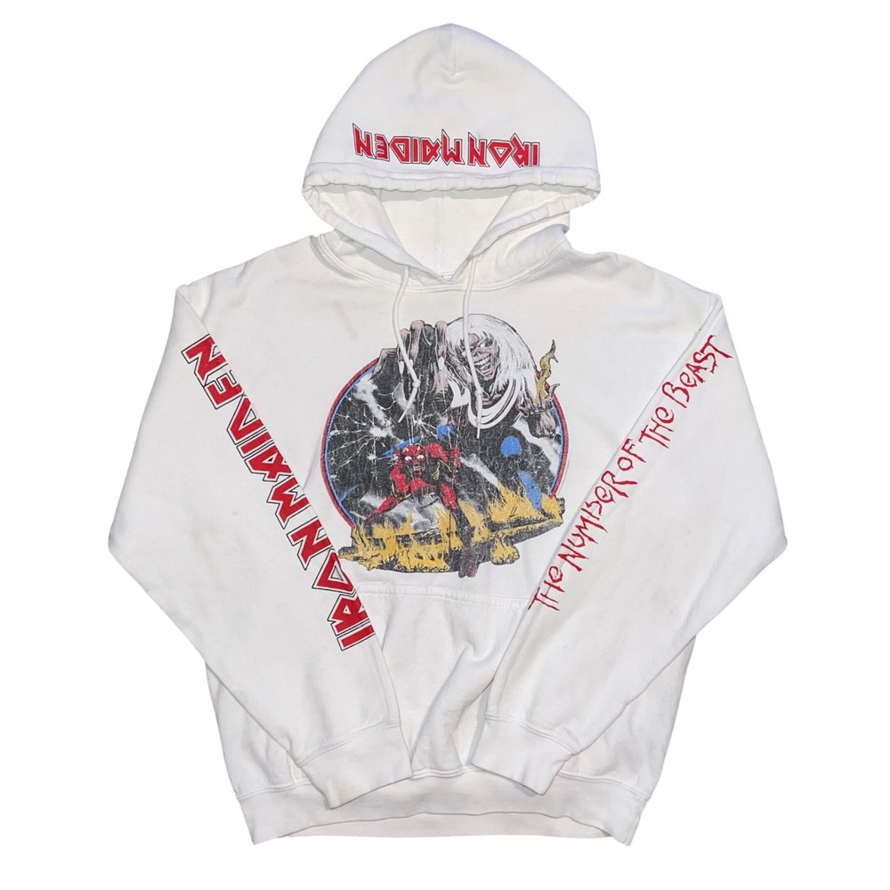 Iron Maiden The Number of the Beast Hoodie Mens Medium White Gildan Heavy Blend